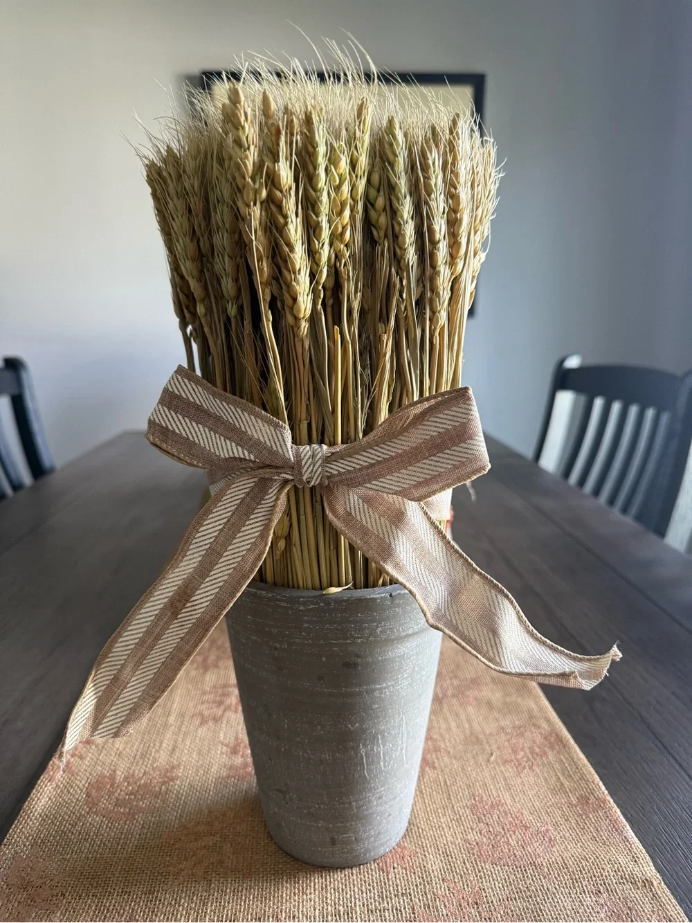 Rustic Wheat Bundle in Gray Vase with Tan Ribbon - Home Accents